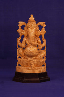 Image of Ganesha Bhagwan Murti Sitting with Moshak on Lotus Flower Base Idol.
