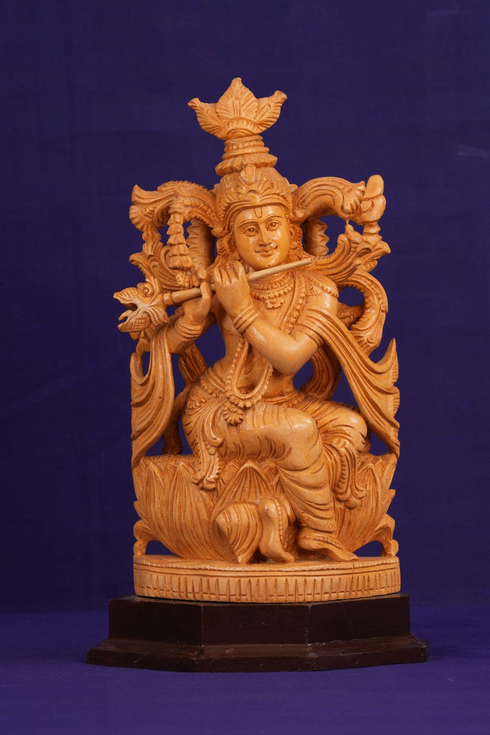 Image of Wooden Lord Krishna Sitting Sculpture