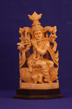 Image of Wooden Lord Krishna Sitting Sculpture