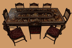 Collection of Rosewood Inlay dining table with 8 carved chairs in a gallery layout