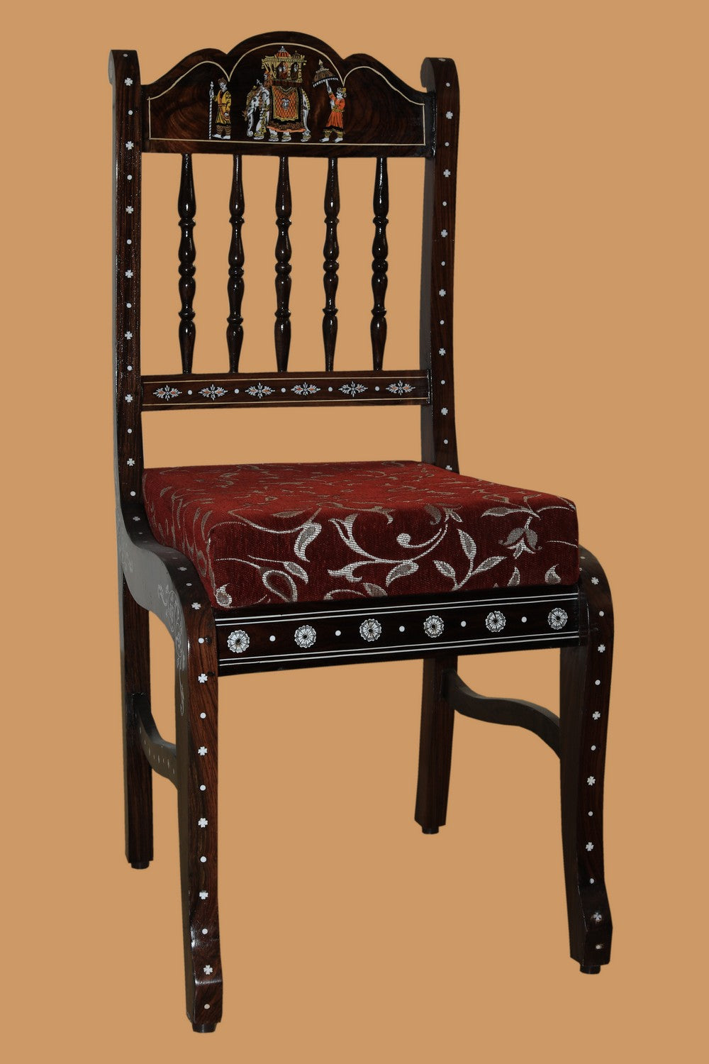 Collection of Rosewood Inlay dining table with 8 carved chairs in a gallery layout