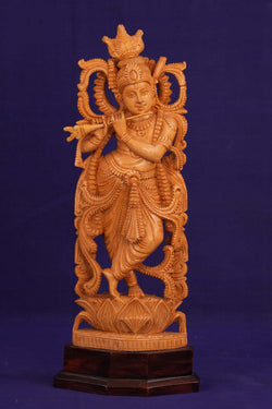 Image of Wooden Lord Krishna Sculpture