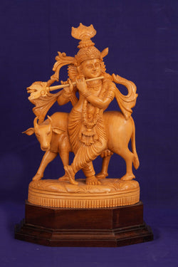 Image of Wooden Lord Krishna Sculpture