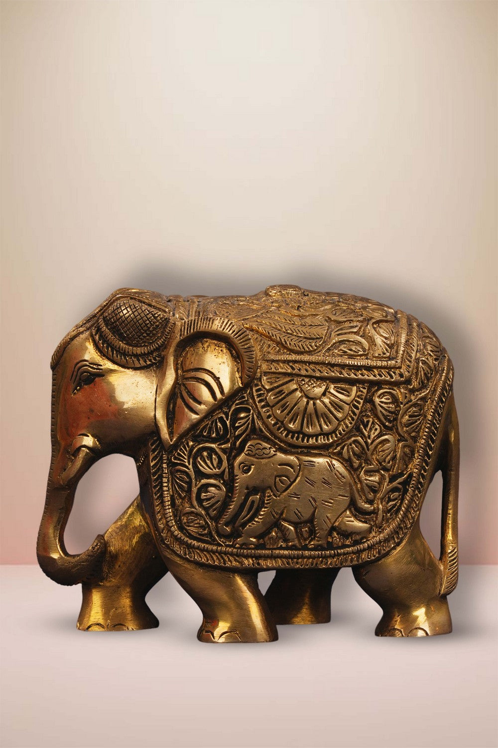 Image of Brass Elephant Crafted With Peacock