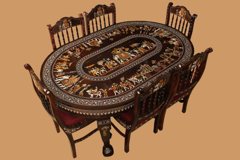 Collection of Rosewood Inlay dining table with 6 carved chairs in a gallery layout