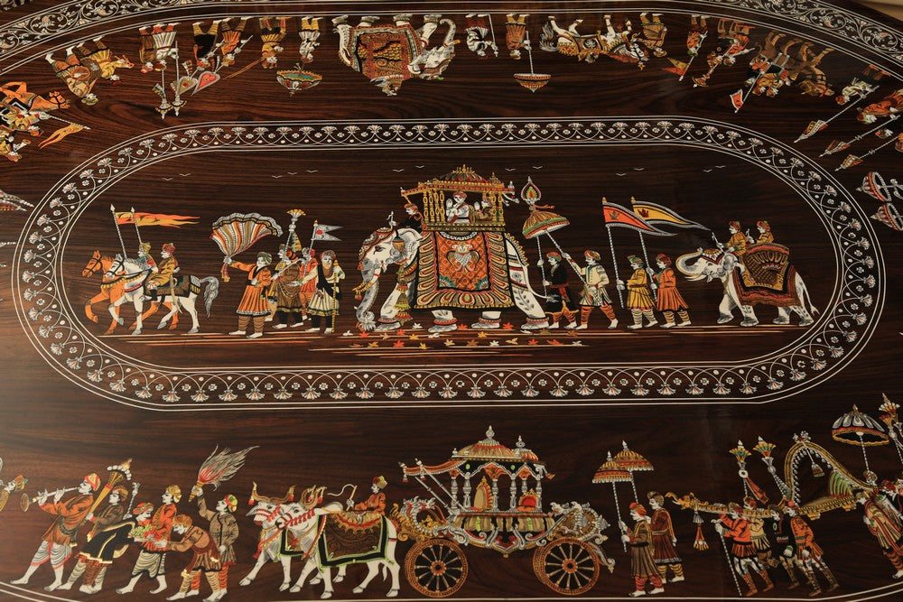 Collection of Rosewood Inlay dining table with 6 carved chairs in a gallery layout