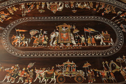 Collection of Rosewood Inlay dining table with 6 carved chairs in a gallery layout