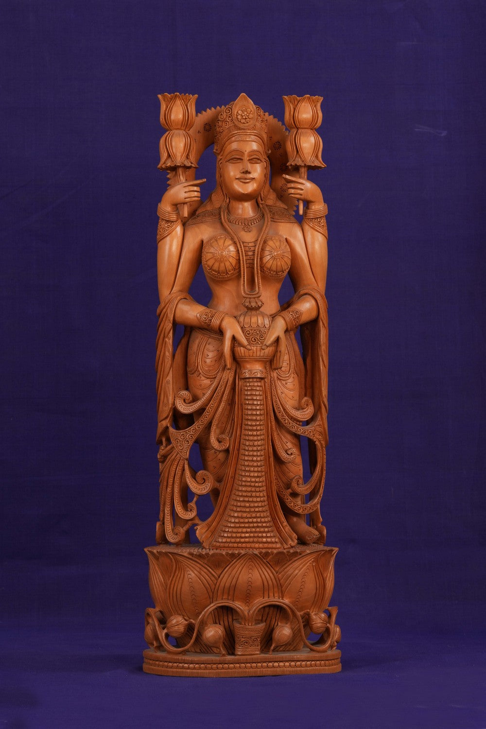 Image of Cedar Wood Carving Goddess Lakshmi Statue