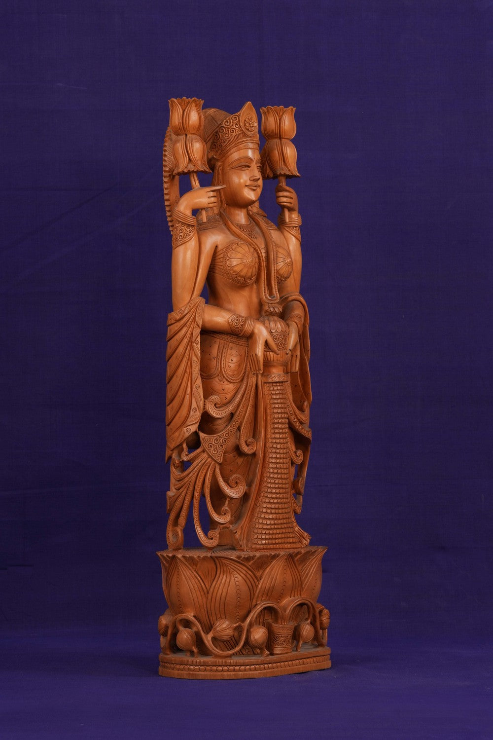 Image of Cedar Wood Carving Goddess Lakshmi Statue
