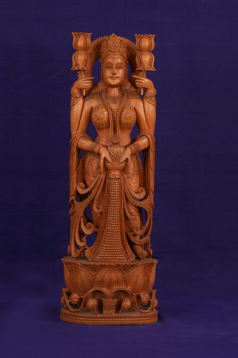 Image of Cedar Wood Carving Goddess Lakshmi Statue