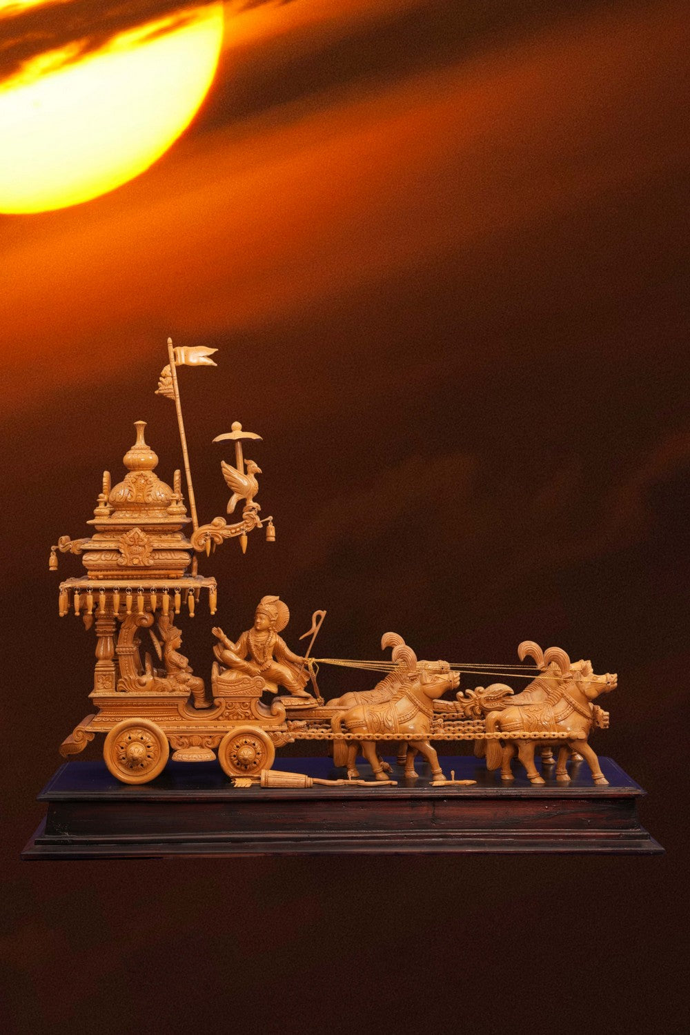 Image of Cedar Wood Carving Lord Krishan Arjuna in Chariot Statue