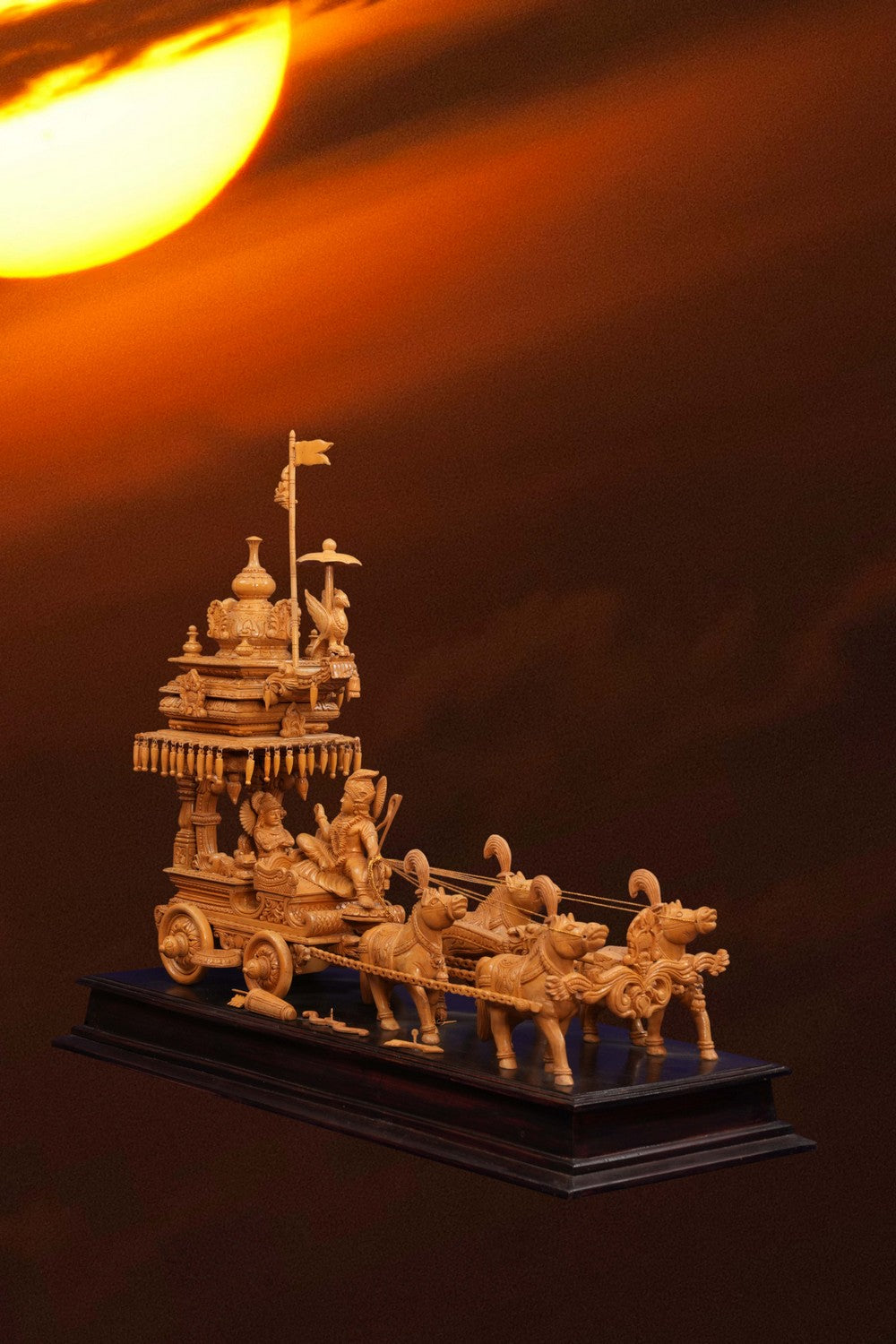 Image of Cedar Wood Carving Lord Krishan Arjuna in Chariot Statue