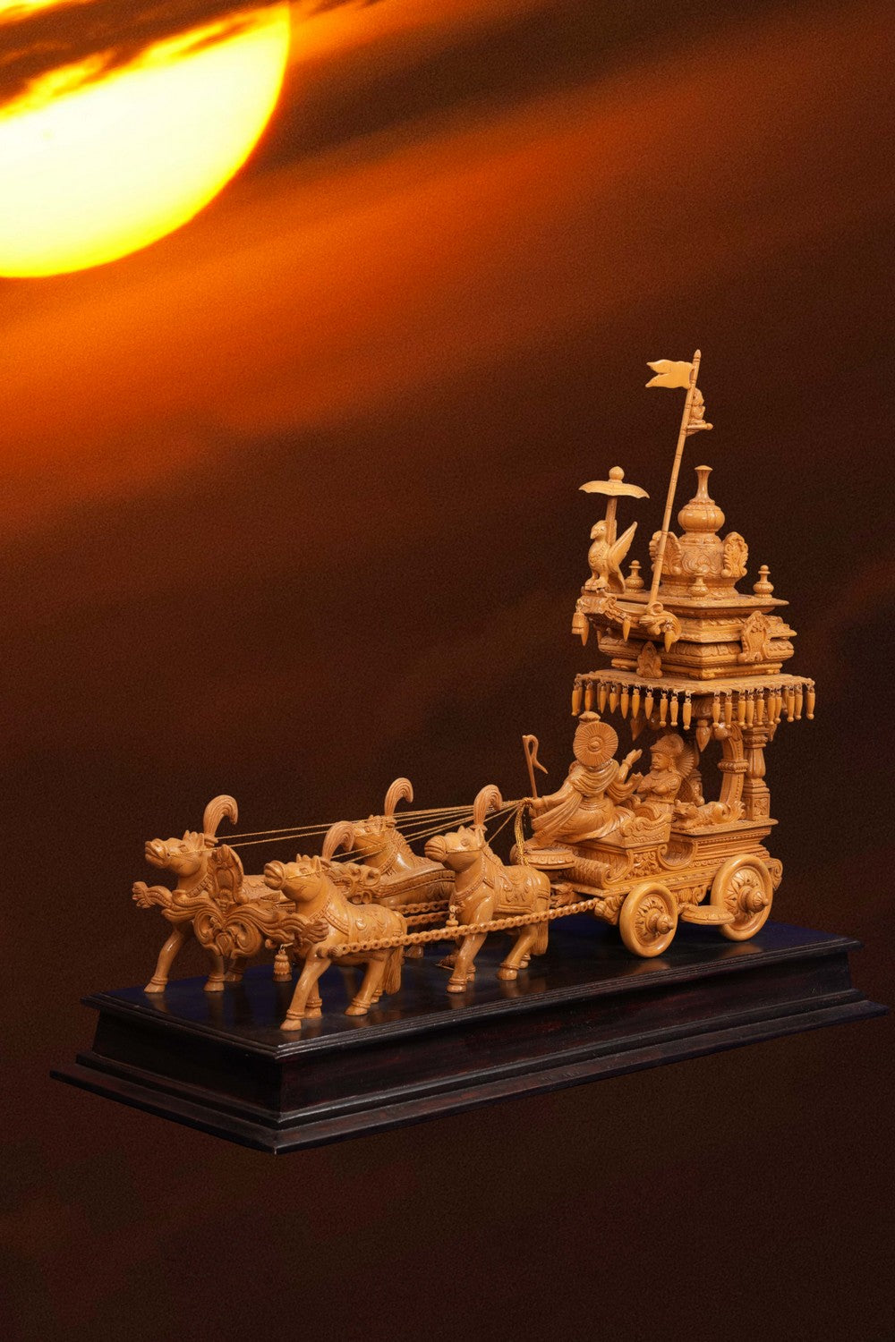 Image of Cedar Wood Carving Lord Krishan Arjuna in Chariot Statue