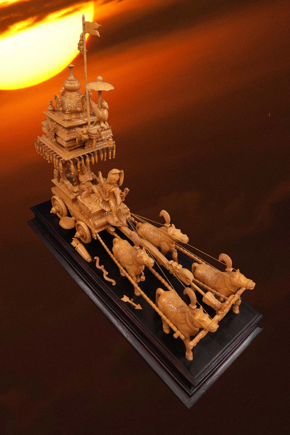 Image of Cedar Wood Carving Lord Krishan Arjuna in Chariot Statue