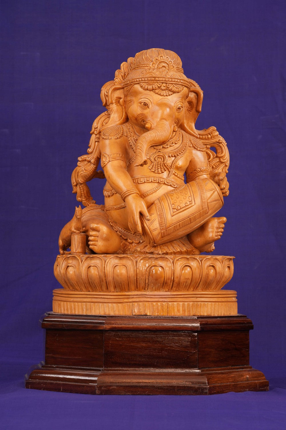 Image of White Cedar Wooden Sri Ganesh Statue Playing Dholak