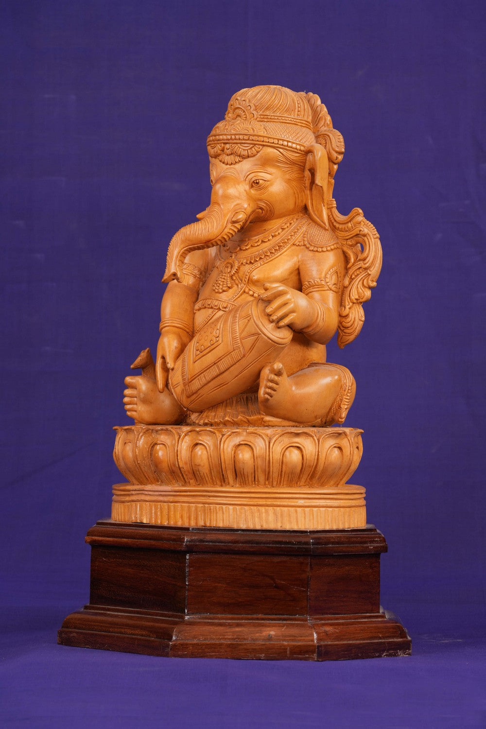 Image of White Cedar Wooden Sri Ganesh Statue Playing Dholak