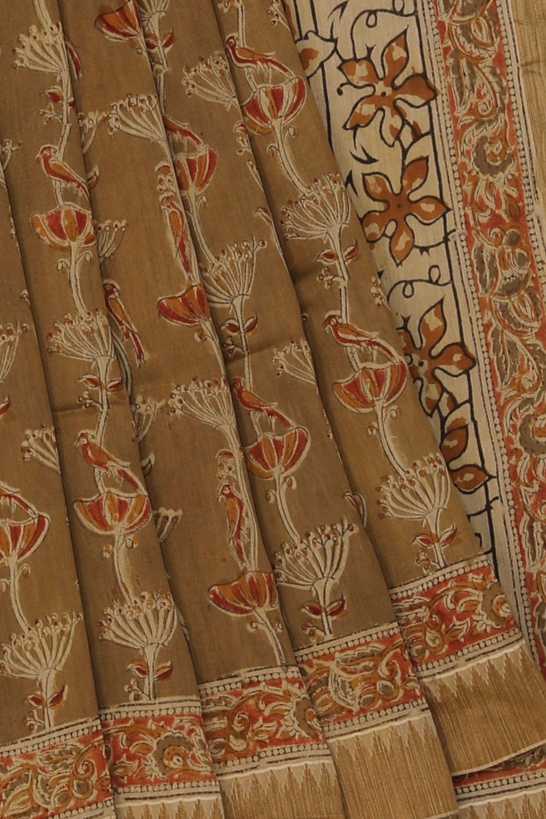 Collection of Olive green Kalamkari Chanderi Saree in a gallery layout