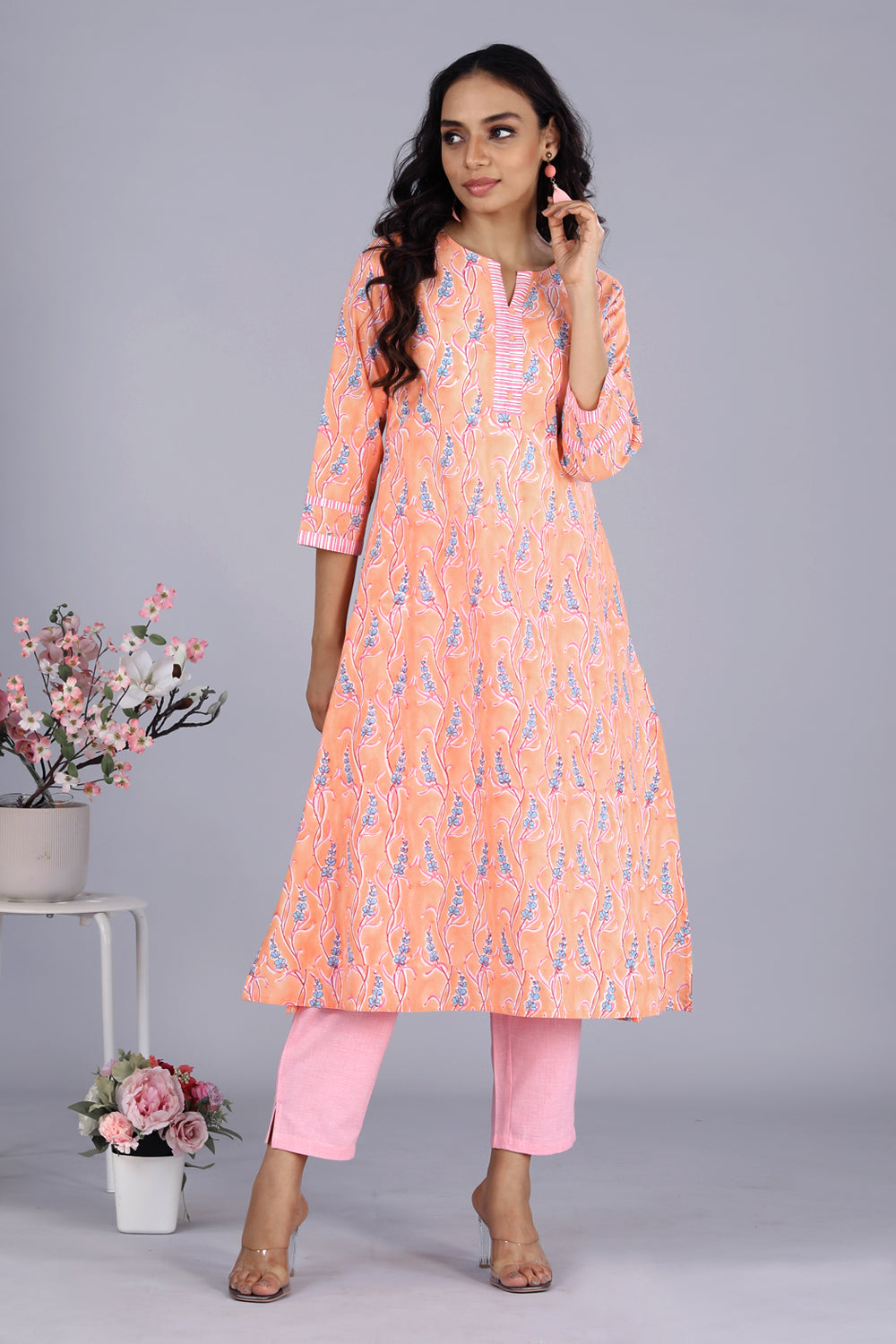 Image of Peach Hand block printed kurti