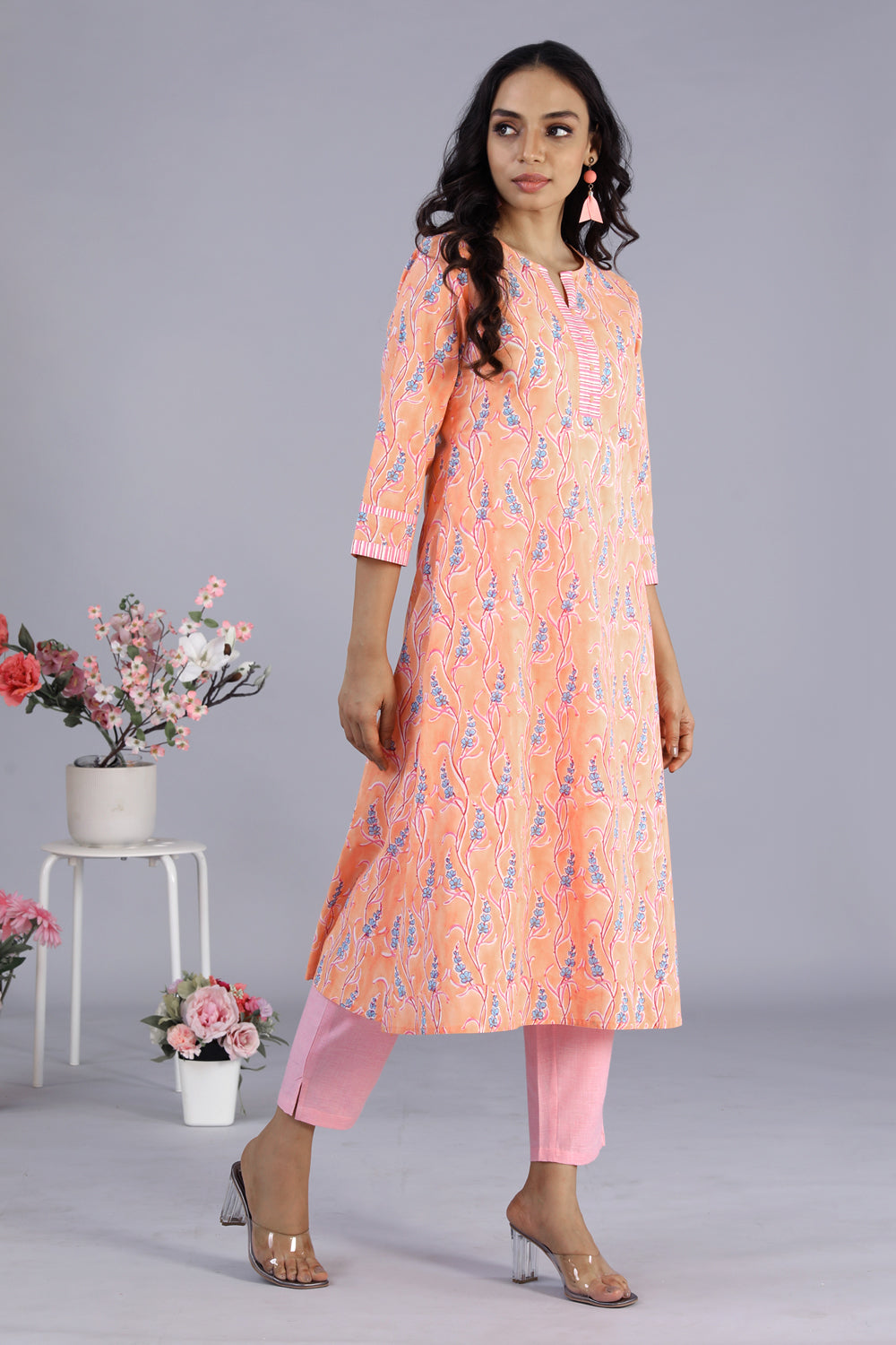 Image of Peach Hand block printed kurti