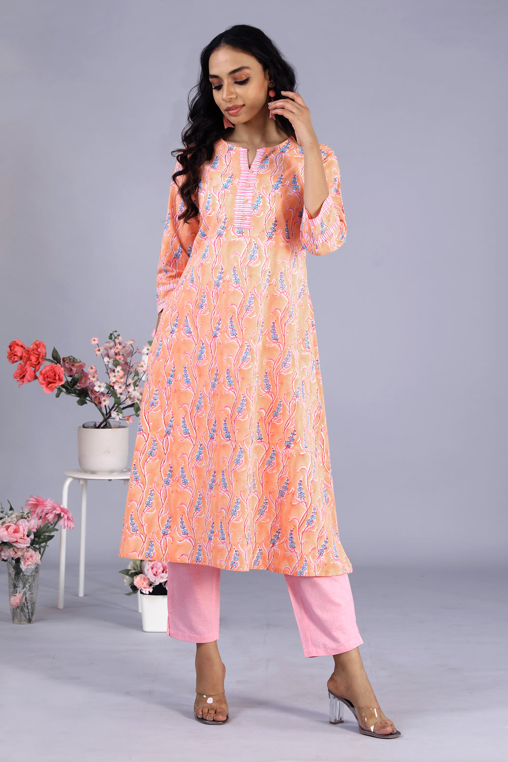 Image of Peach Hand block printed kurti
