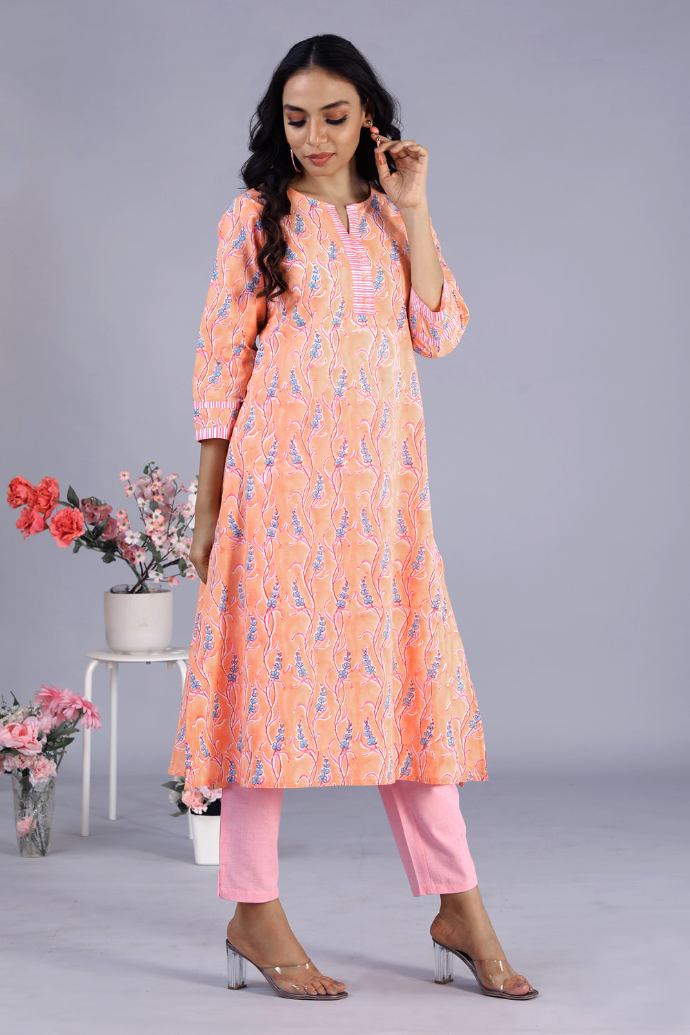 Image of Peach Hand block printed kurti