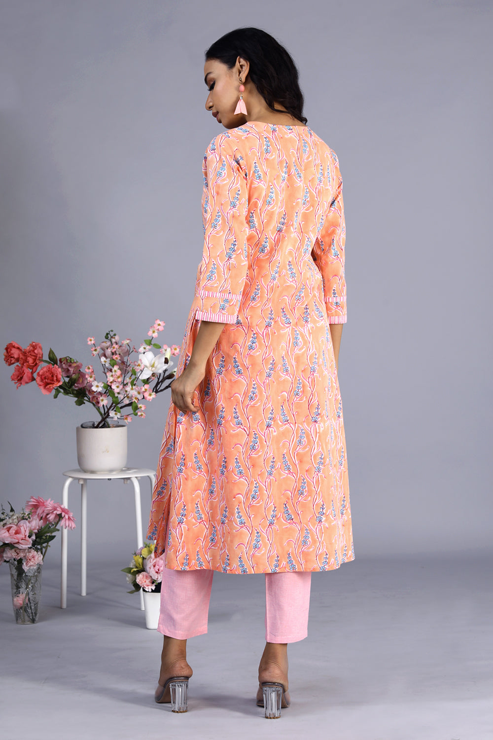 Image of Peach Hand block printed kurti