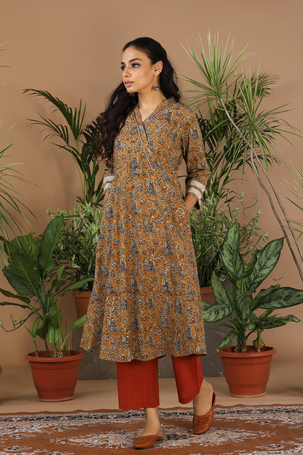 Mustard yellow Kalamkari handblock printed cotton kurti