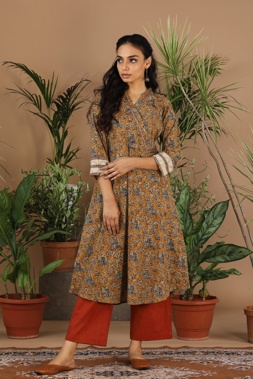 Mustard yellow Kalamkari handblock printed cotton kurti