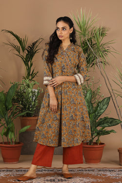 Image of Mustard yellow Kalamkari handblock printed cotton kurti