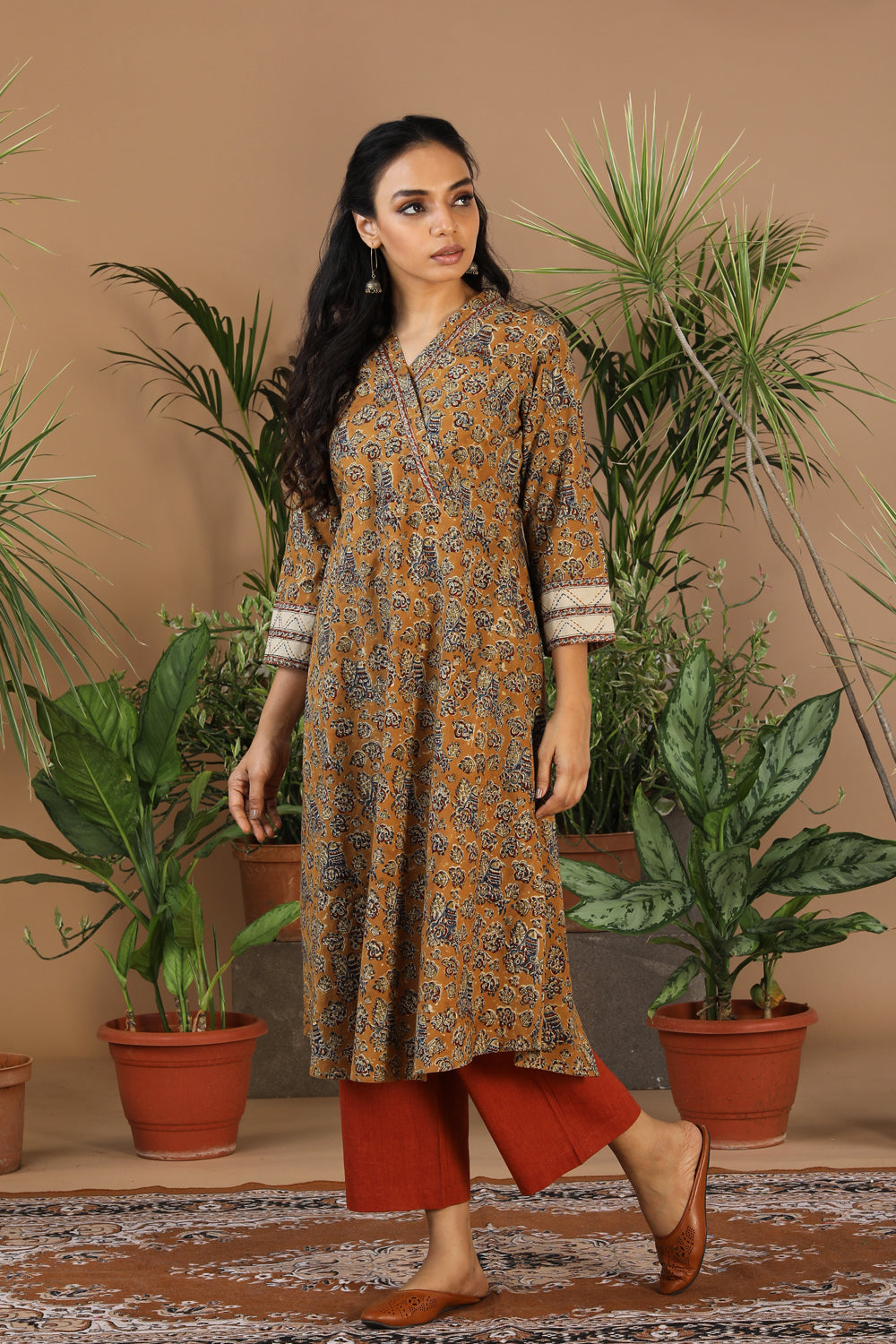 Mustard yellow Kalamkari handblock printed cotton kurti