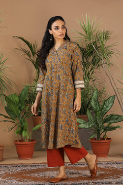 Image of Mustard yellow Kalamkari handblock printed cotton kurti