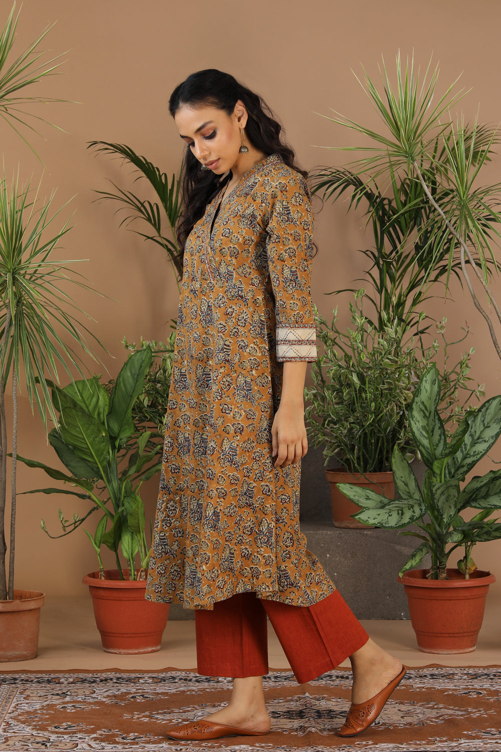 Mustard yellow Kalamkari handblock printed cotton kurti