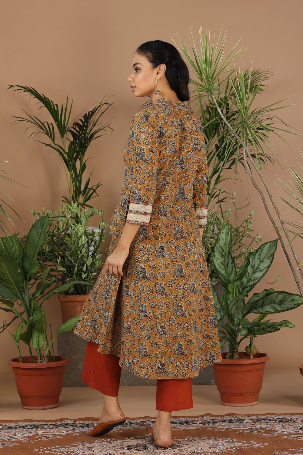 Mustard yellow Kalamkari handblock printed cotton kurti