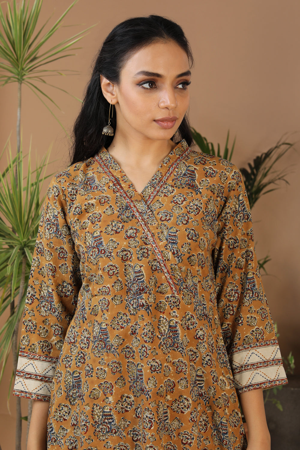 Mustard yellow Kalamkari handblock printed cotton kurti