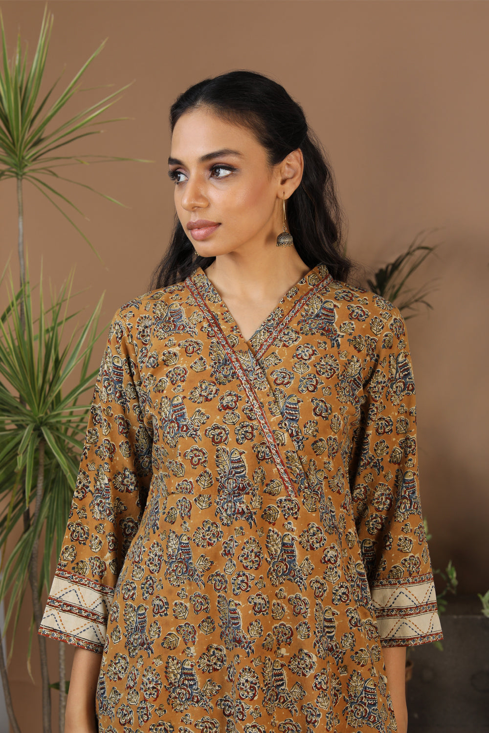 Mustard yellow Kalamkari handblock printed cotton kurti