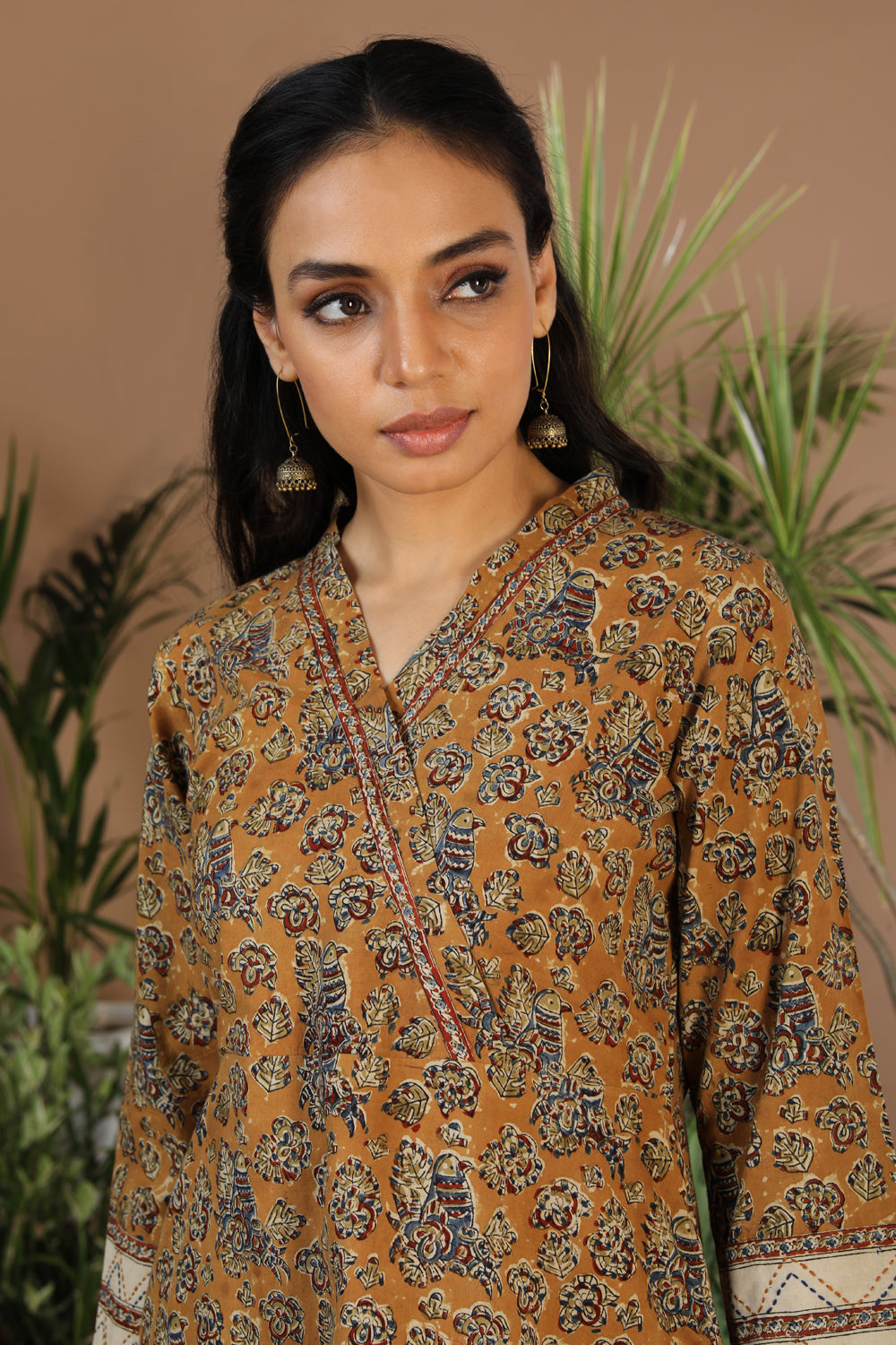 Mustard yellow Kalamkari handblock printed cotton kurti