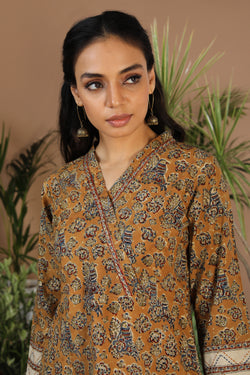 Image of Mustard yellow Kalamkari handblock printed cotton kurti