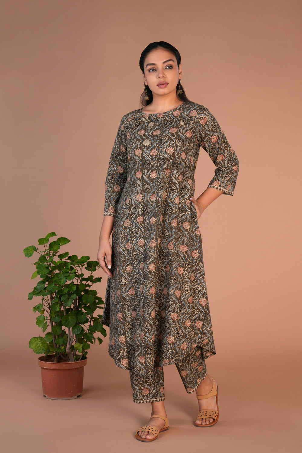 Olive green Kalamkari handblock printed Co-ord set