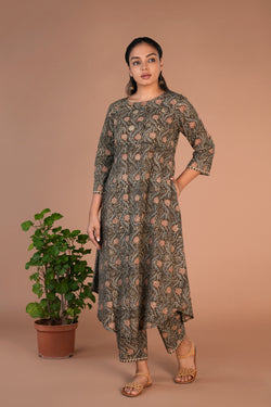 Image of Olive green Kalamkari handblock printed Co-ord set