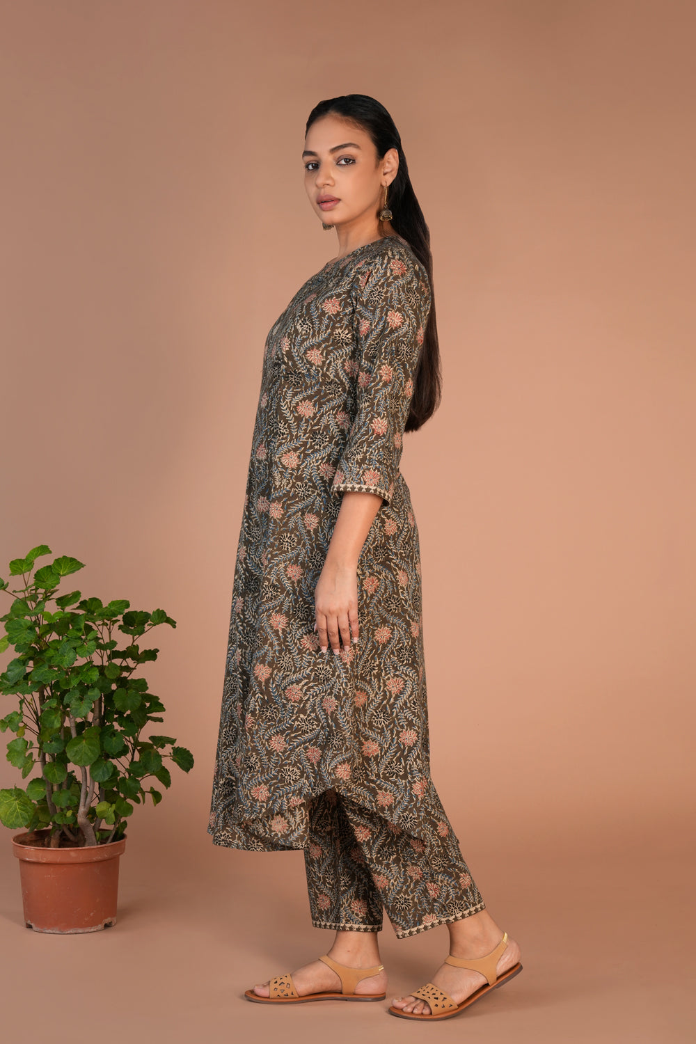 Olive green Kalamkari handblock printed Co-ord set