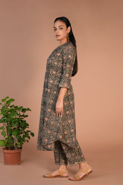 Image of Olive green Kalamkari handblock printed Co-ord set