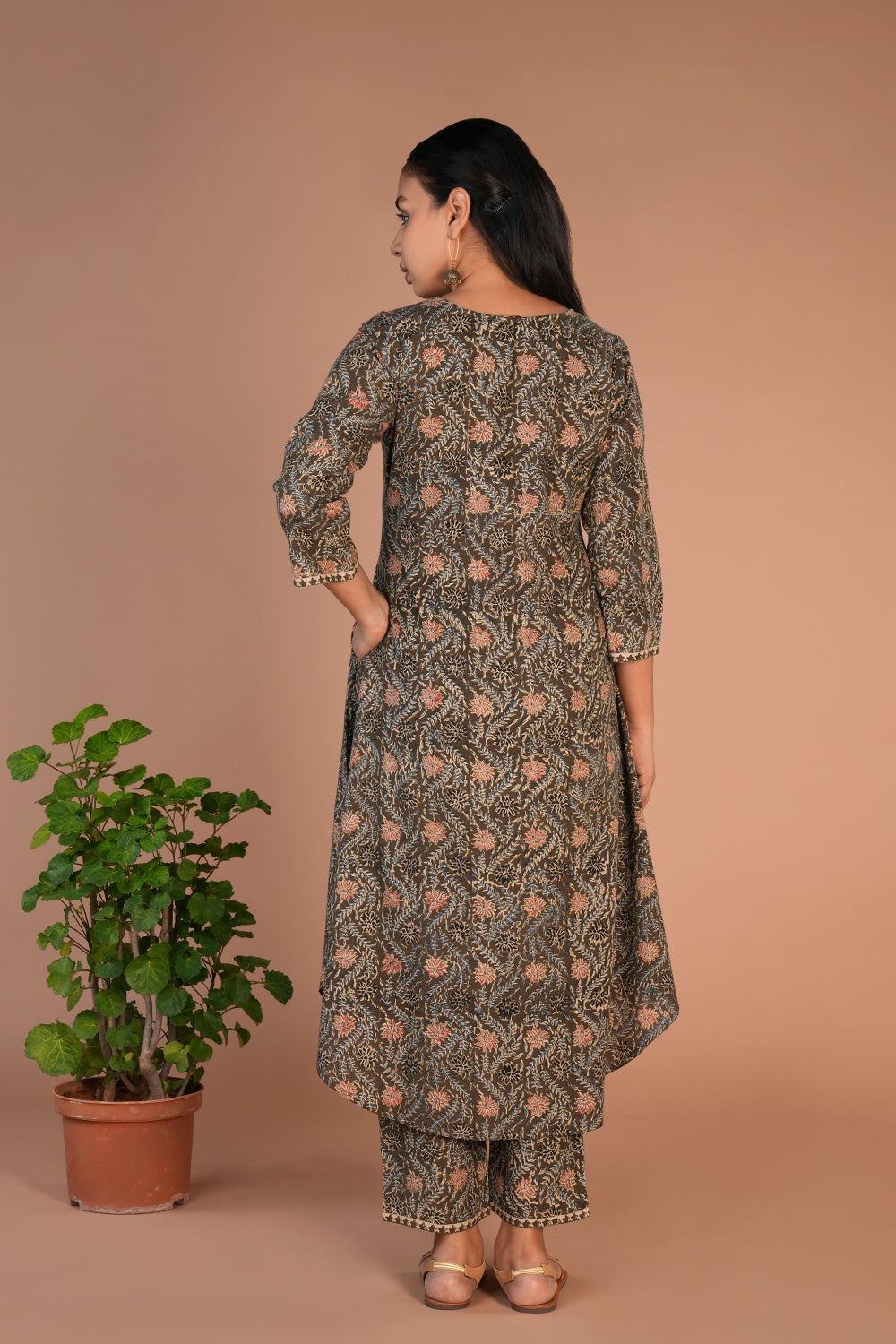 Olive green Kalamkari handblock printed Co-ord set