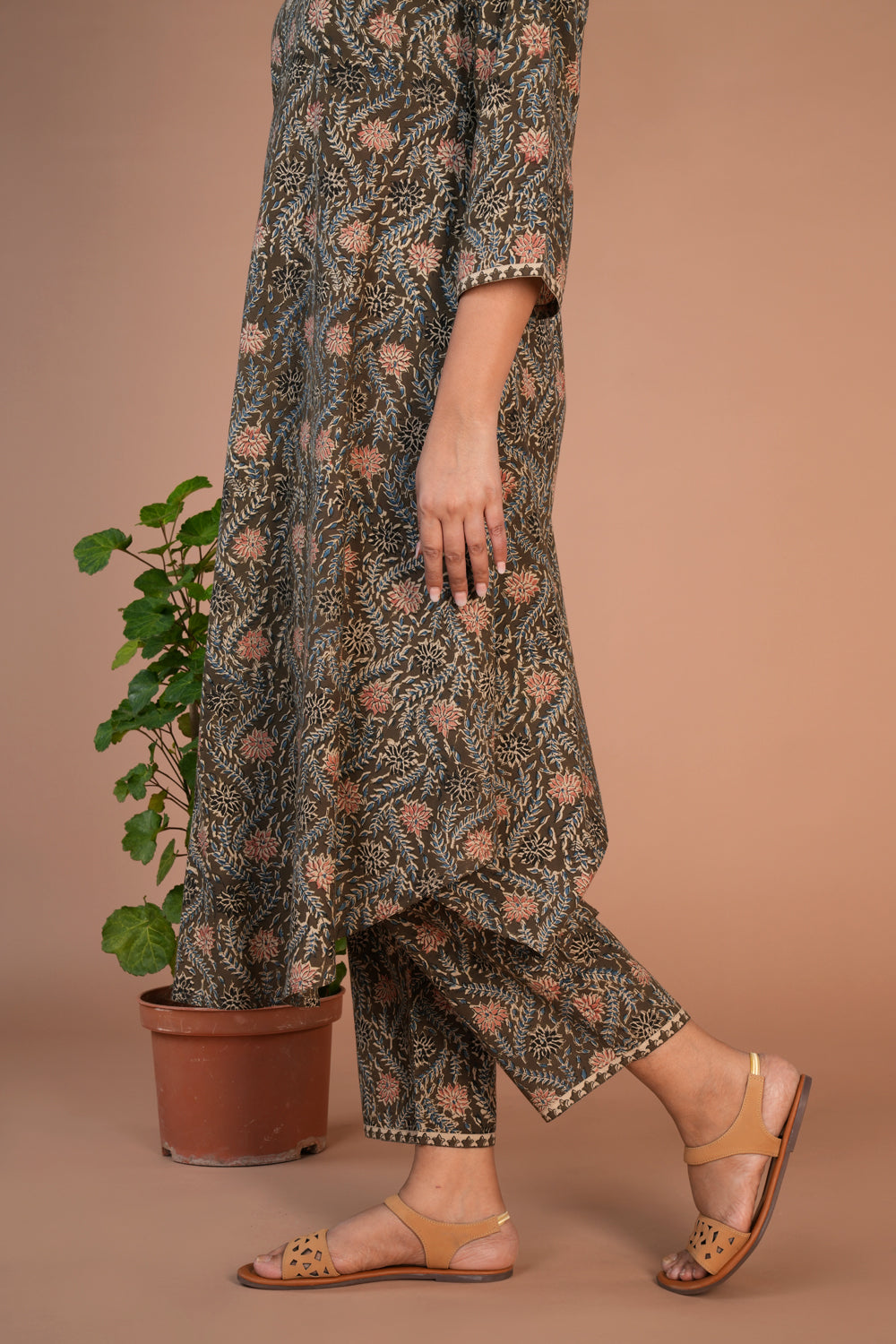 Olive green Kalamkari handblock printed Co-ord set