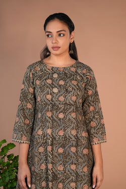 Image of Olive green Kalamkari handblock printed Co-ord set