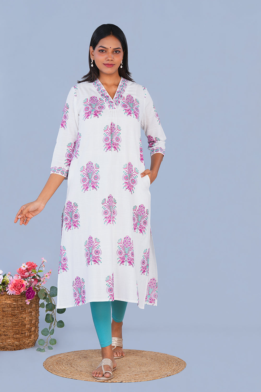 Image of Purple & White block printed cotton Kurta