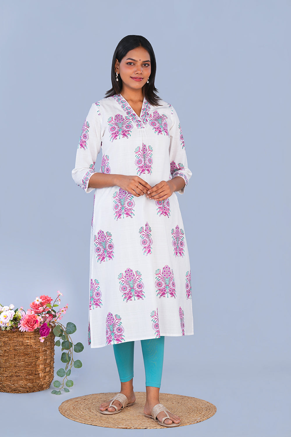 Image of Purple & White block printed cotton Kurta