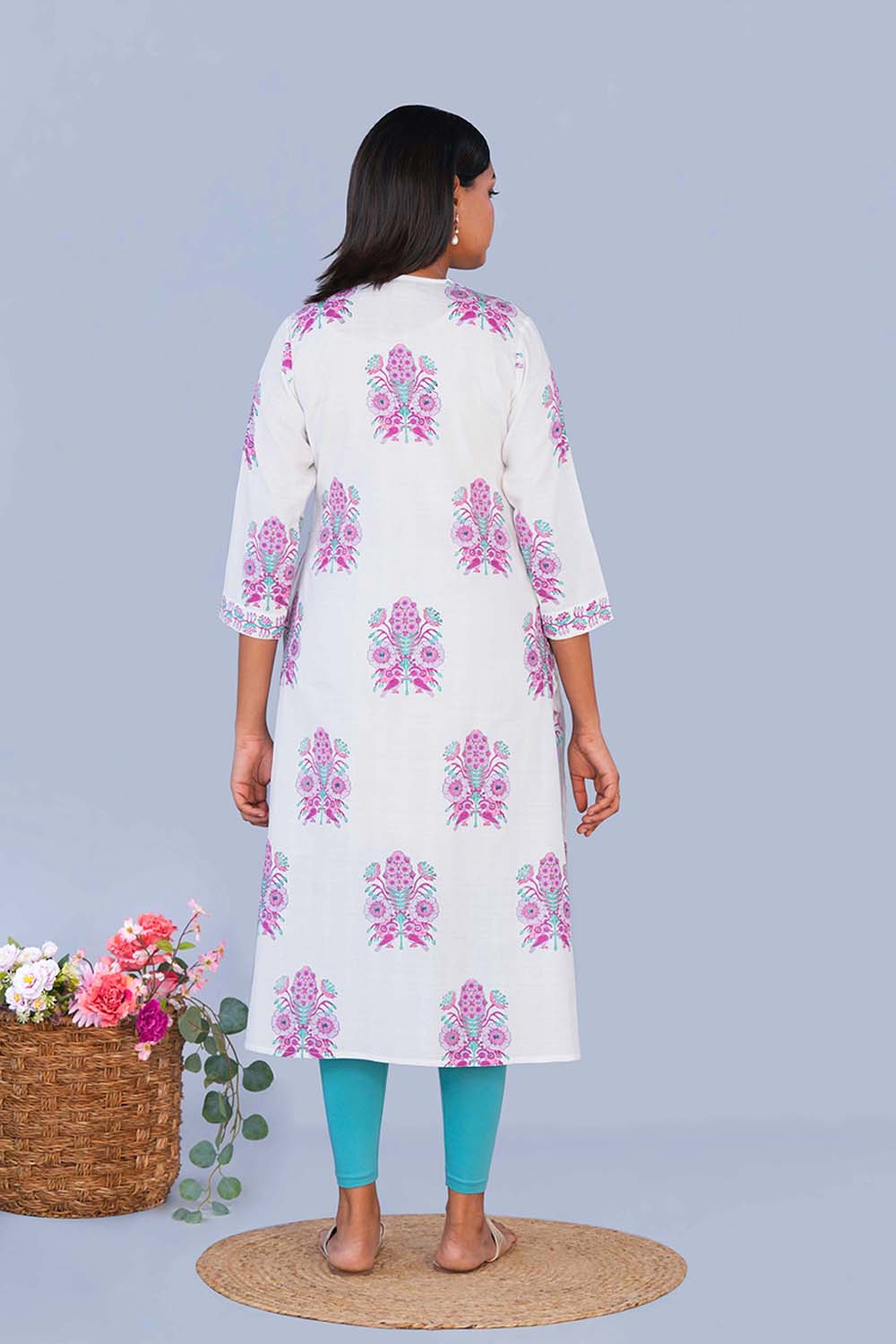 Image of Purple & White block printed cotton Kurta