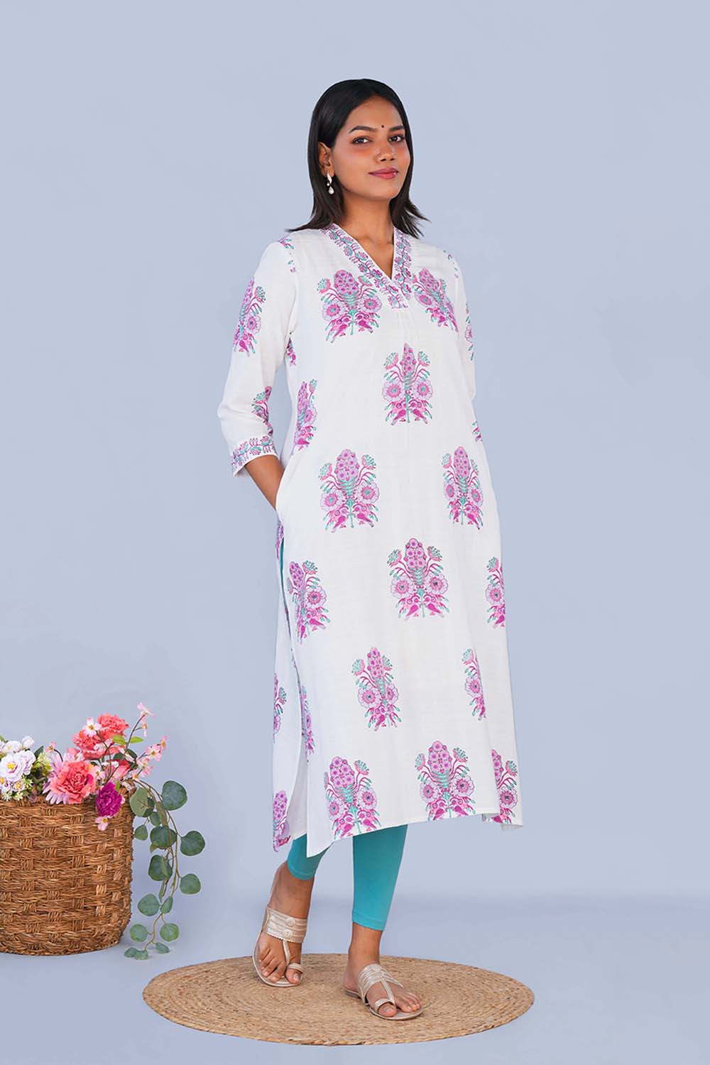 Image of Purple & White block printed cotton Kurta