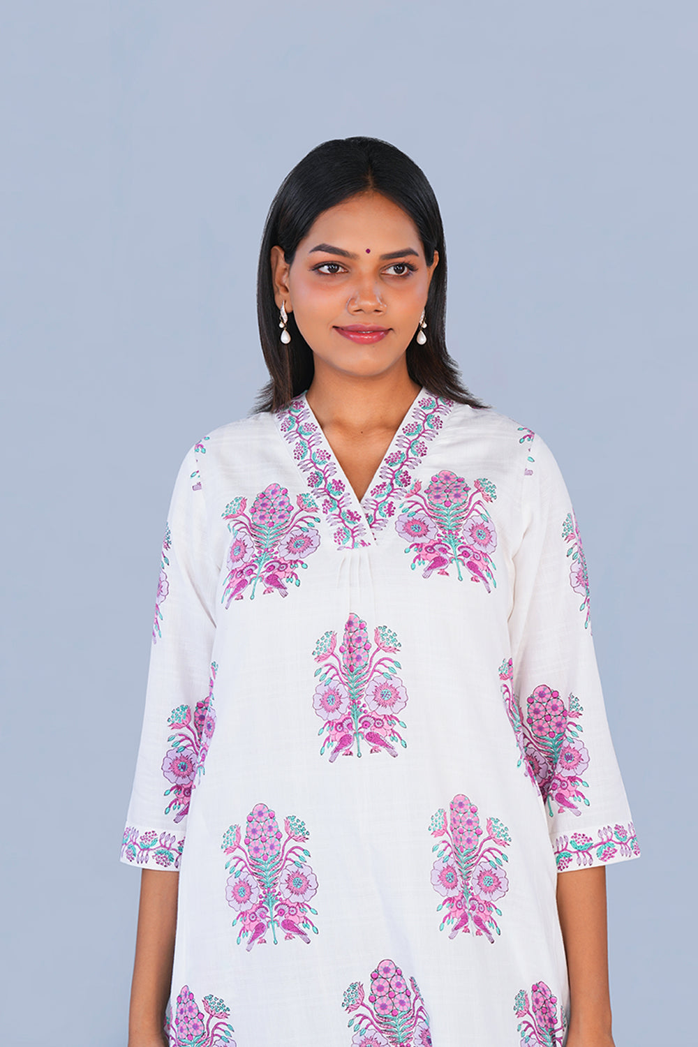 Image of Purple & White block printed cotton Kurta