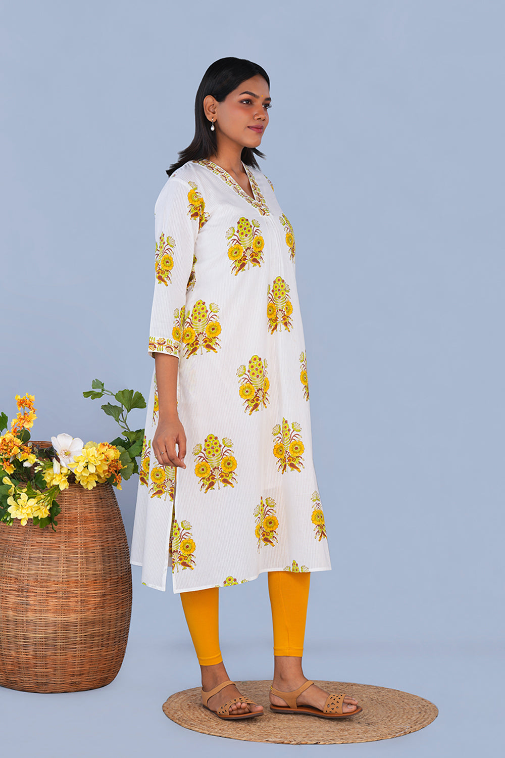 Image of Lemon Yellow block printed cotton Kurta